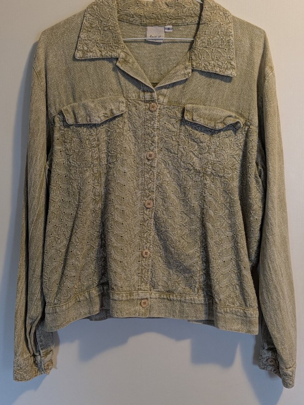 Vintage 90s/Y2K Focus Brand Light Green Cotton Eyelet Jacket - Size S/M